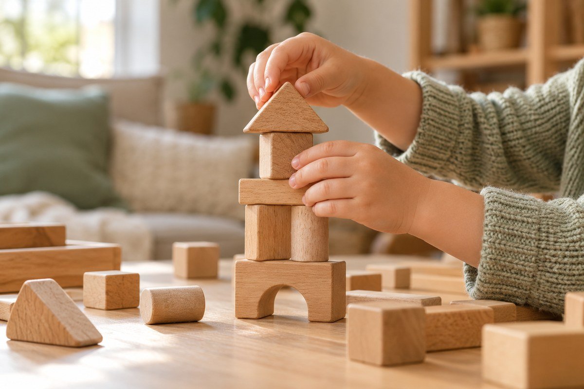 Manos de un niño construyendo una torre con bloques de madera junto a una ventana